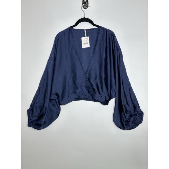 NWT Free People Womens Midnight Vibes Blouse XS Satiny Cropped‎ Boho Indigo Blue - Picture 3 of 16